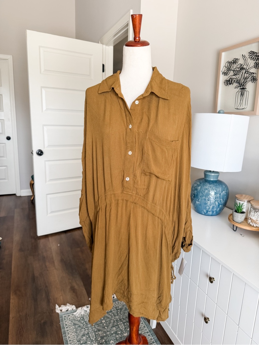 Women's Brown Button-Front Mini Dress Caftan Coverup
